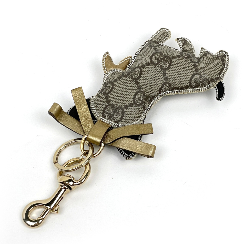 Gucci keychain, bulldog motif, GG pattern, coated canvas and leather, brown, ... - Picture 2 of 4